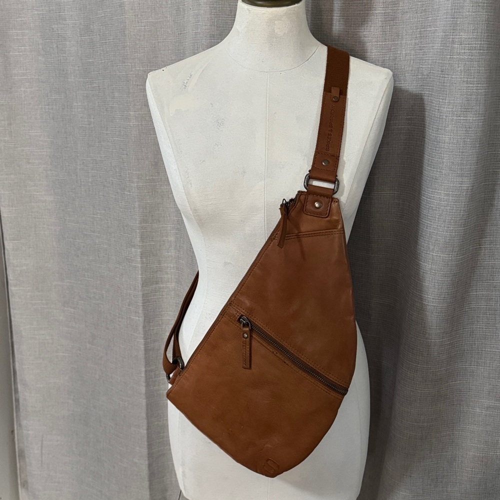 All Leather Spikes & Sparrow Sling Crossbody Bag/Pack-Brown-Multi Compartment - Picture 3 of 17